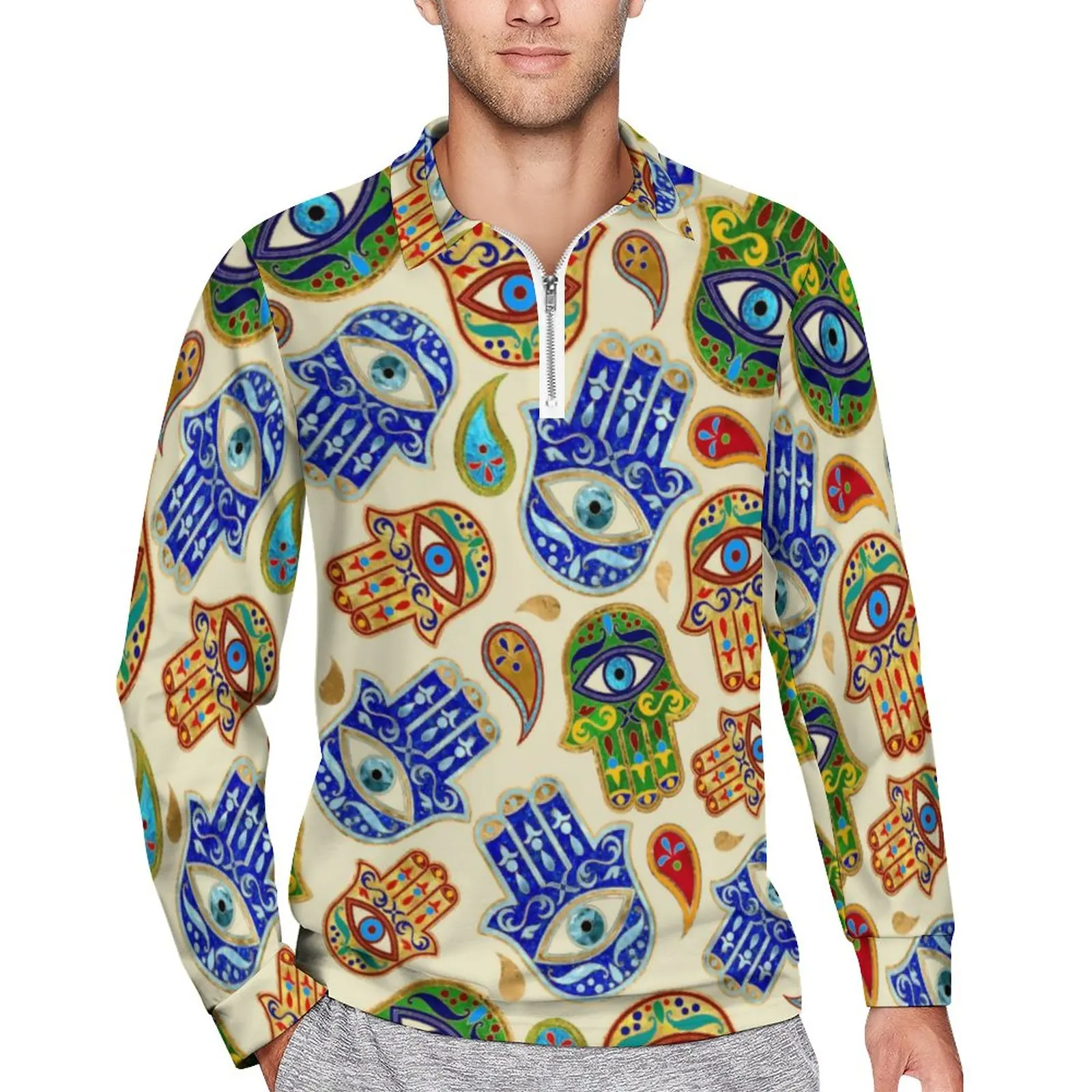 

Hamsa Hand Casual T-Shirts Colorful Hand of Fatima Polo Shirts Men Fashion Shirt Spring Long Sleeves Custom Clothing Large Size