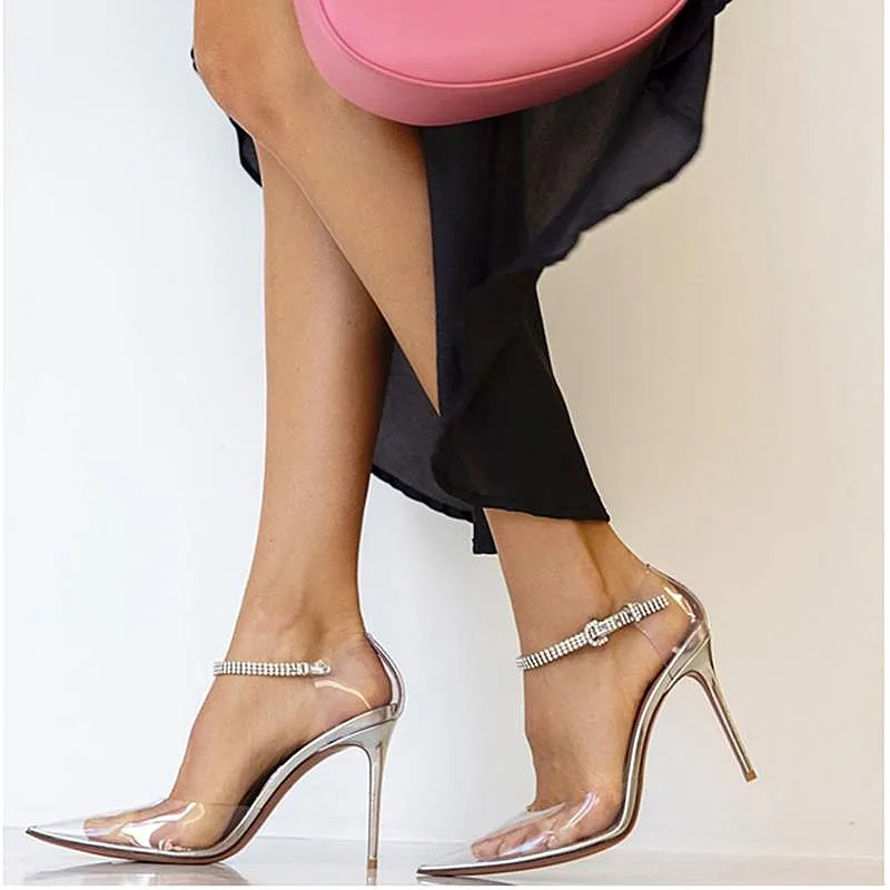 

Pointed toe ladies sandals 2022 spring and summer new high-heeled shoes rhinestone fashion transparent thin-heeled hollow shoes
