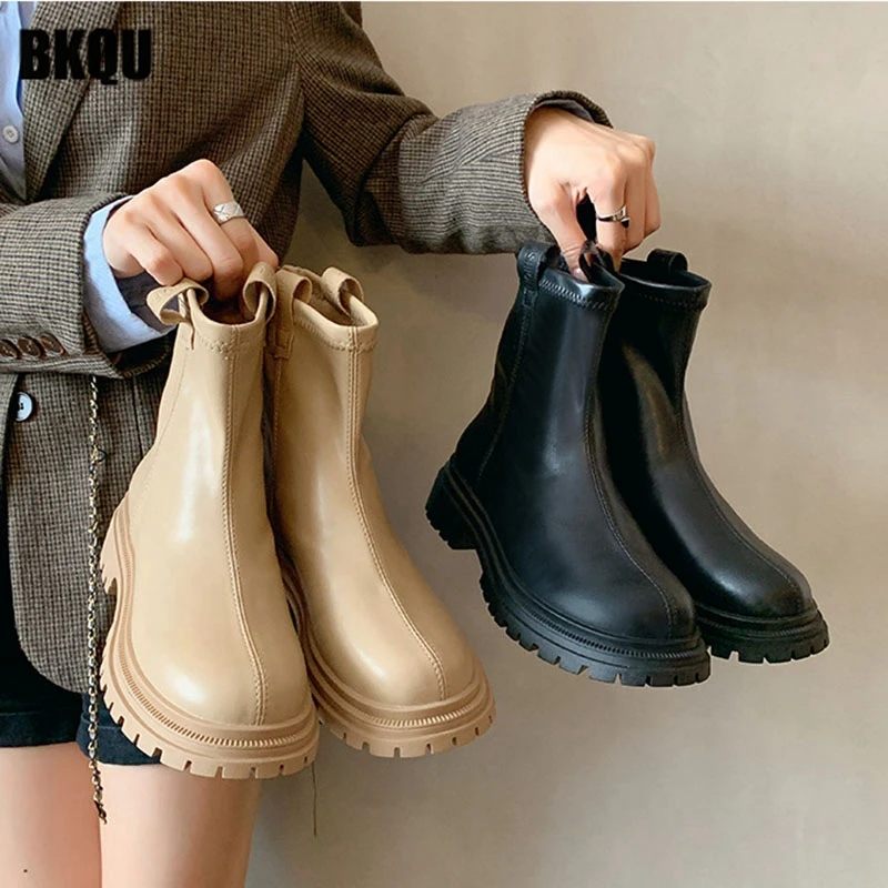 

Non Slip Women Ankle Boots 2022 New Motorcycle Ladies Platform Soft Leather Flats Female Solid Shoes Sewing Short Street Style