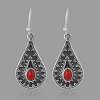 fonect ethnic style antique silver metalearrings women oval redstone engraving silverplated design vintage jewelry drop earrings