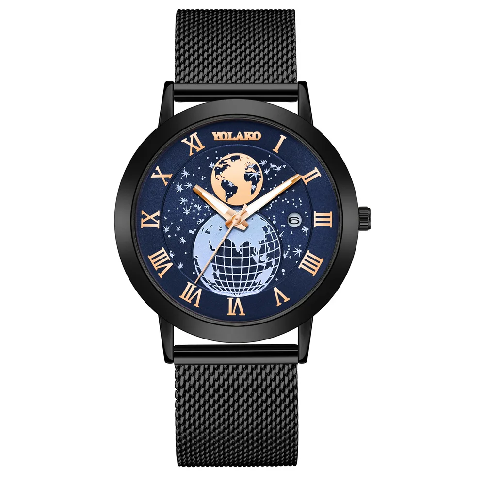 2023 Hot selling men's map Roman design calendar quartz watch fashion stainless steel mesh belt men's watch