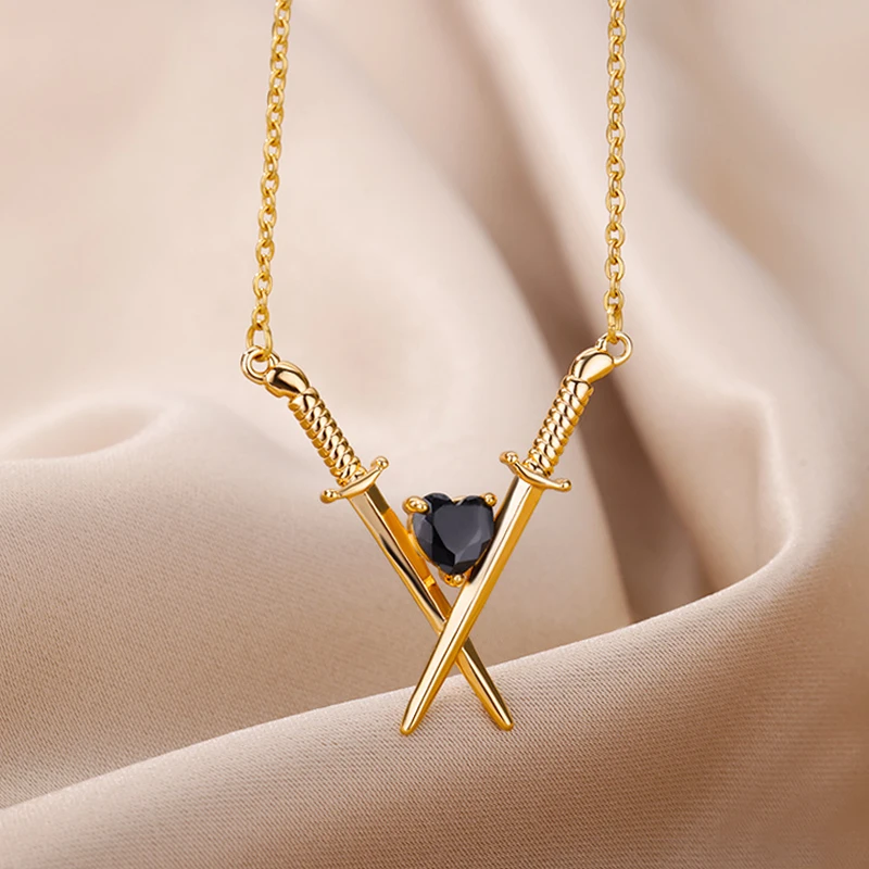 Crossed Swords and Onyx Heart Choker Necklace for Women Fashion Ladies Diamond Pendant Necklaces Stainless Steel Jewelry Gift |