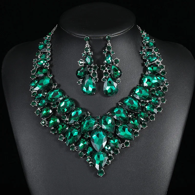 

Luxury Exquisite Water Drop Green Crystal Jewelry Sets For Women Wedding Party Jewelry Accessories Stud Earrings & Necklace Set