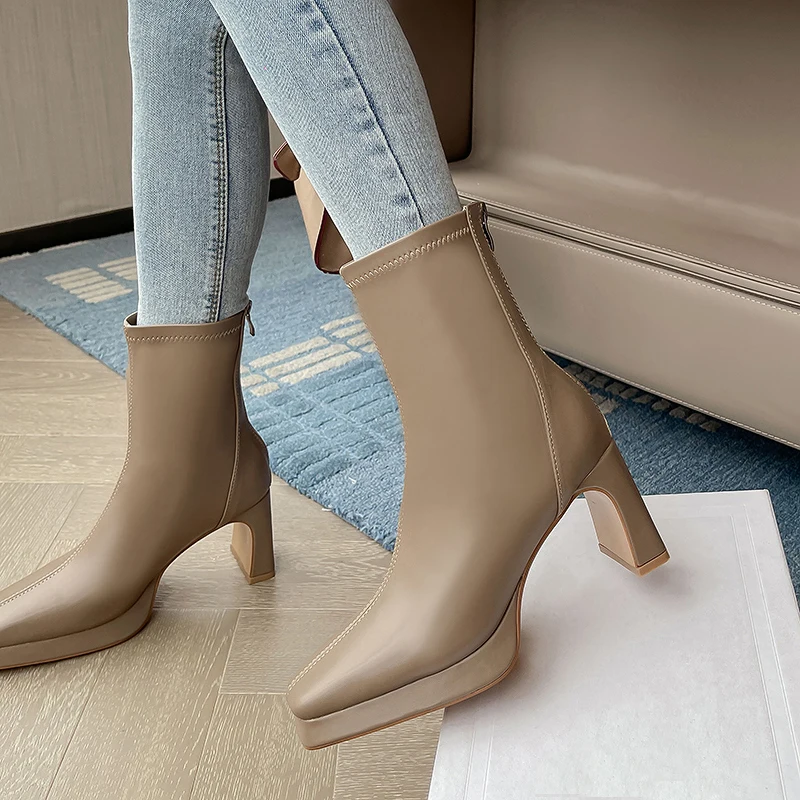 

Beige Platform Boots 8cm Heeled Square Toe Ankle Boots For Women Black PU Leather Fall Shoes Ladies High Heels Bottes Femme