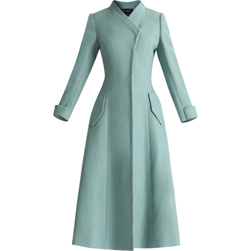 

Женское зимнее шерстяное пальто, зеленое пальто в английском стиле для офиса, ветровка с карманами и V-образным вырезом, тренчкот на пуговицах, 2022