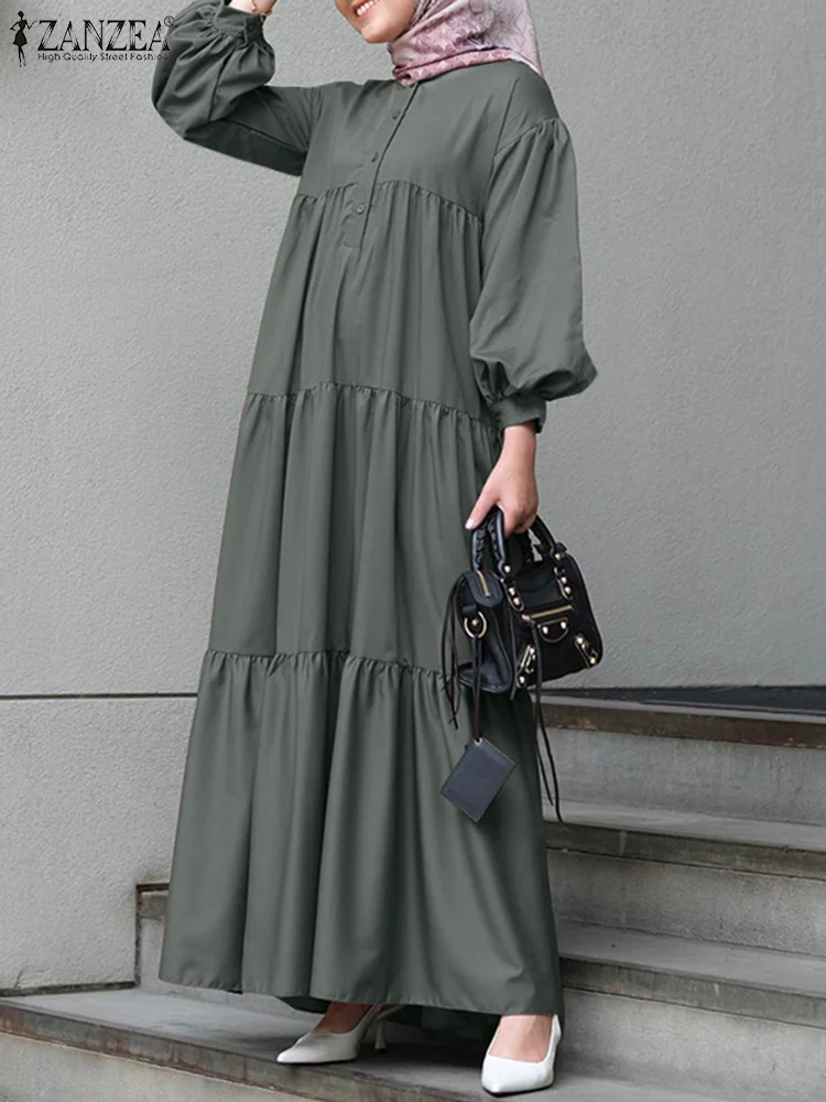 Элегантное Длинное мусульманское платье ZANZEA с оборками, женское платье с длинным рукавом и круглым вырезом, свободное повседневное праздни...