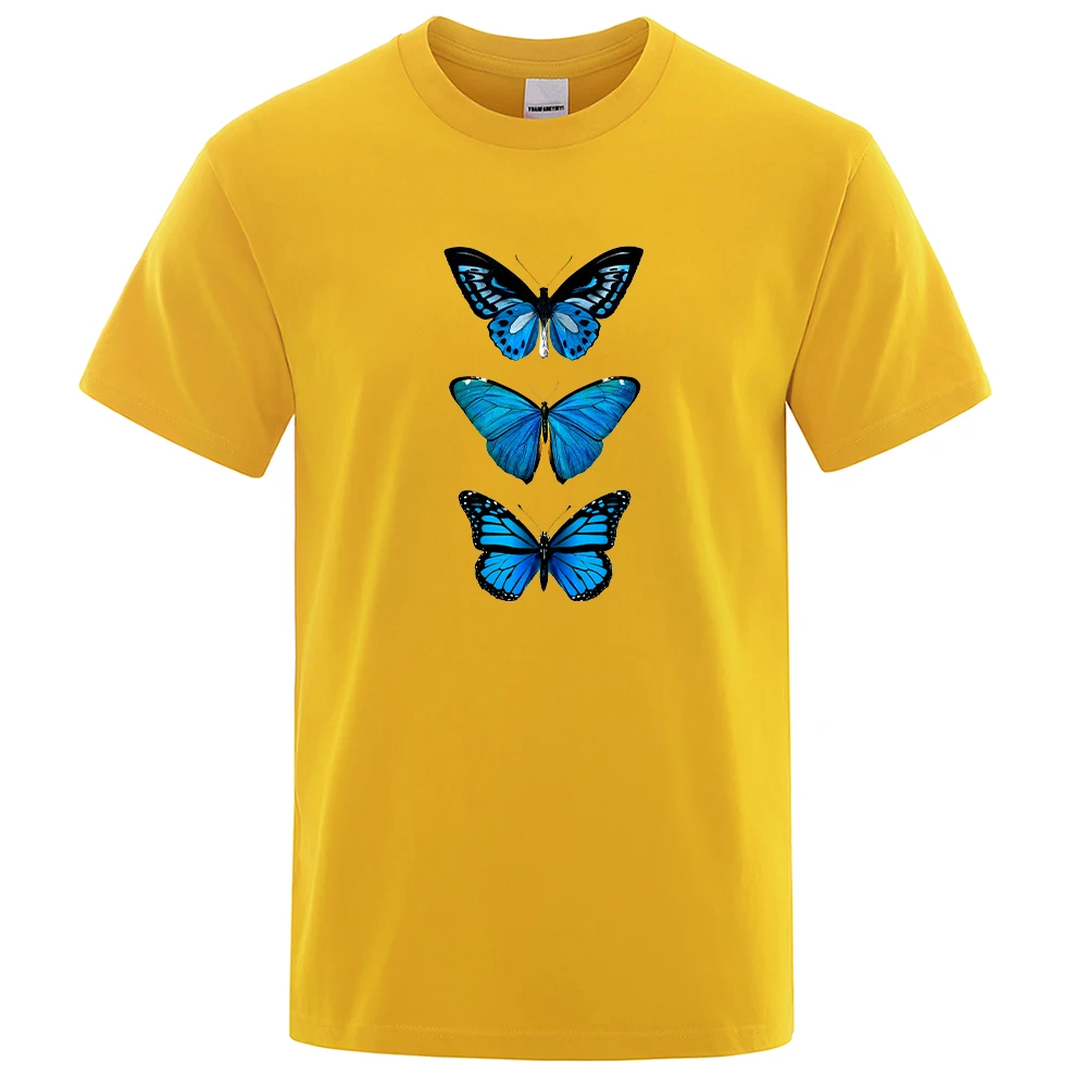

Blue Butterfly Illustration Design T Shirts Men Fashion Loose T-Shirt Summer Pattern T Shirt Breathable 100% Cotton Mens Tops