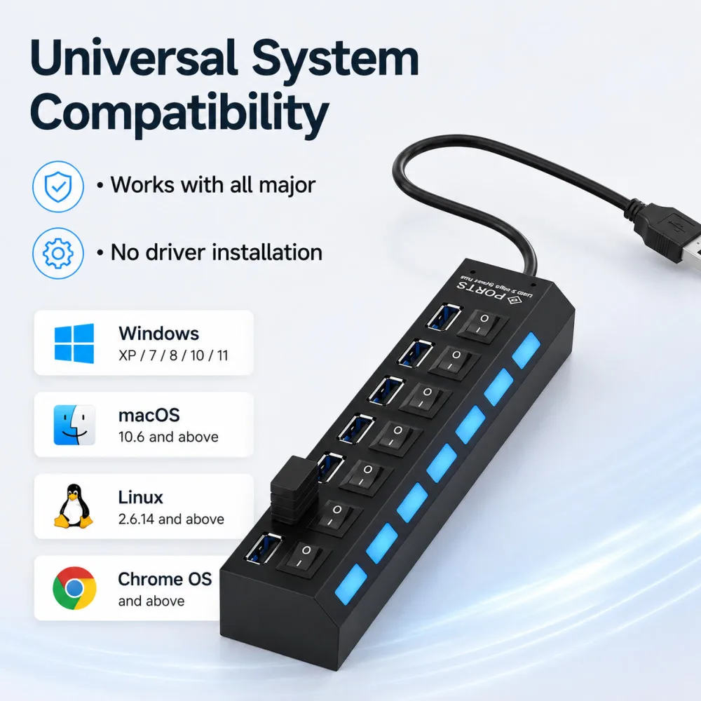 Фото Новый 7-портовый высокоскоростной USB-хаб 480 Мбит/с USB 2.0 с переключателем включения/выключения, USB-разветвитель для ПК, ноутбуков, зарядки iPhone 6/7 №4