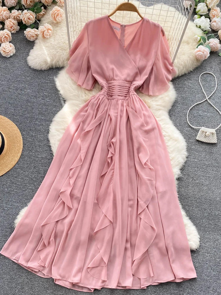

Summer women dress thin beach resort wind lotus leaf edge Zipper a V-neck Vestidos Slim Chiffon Mid-Calf Butterfly Sleeve D2490