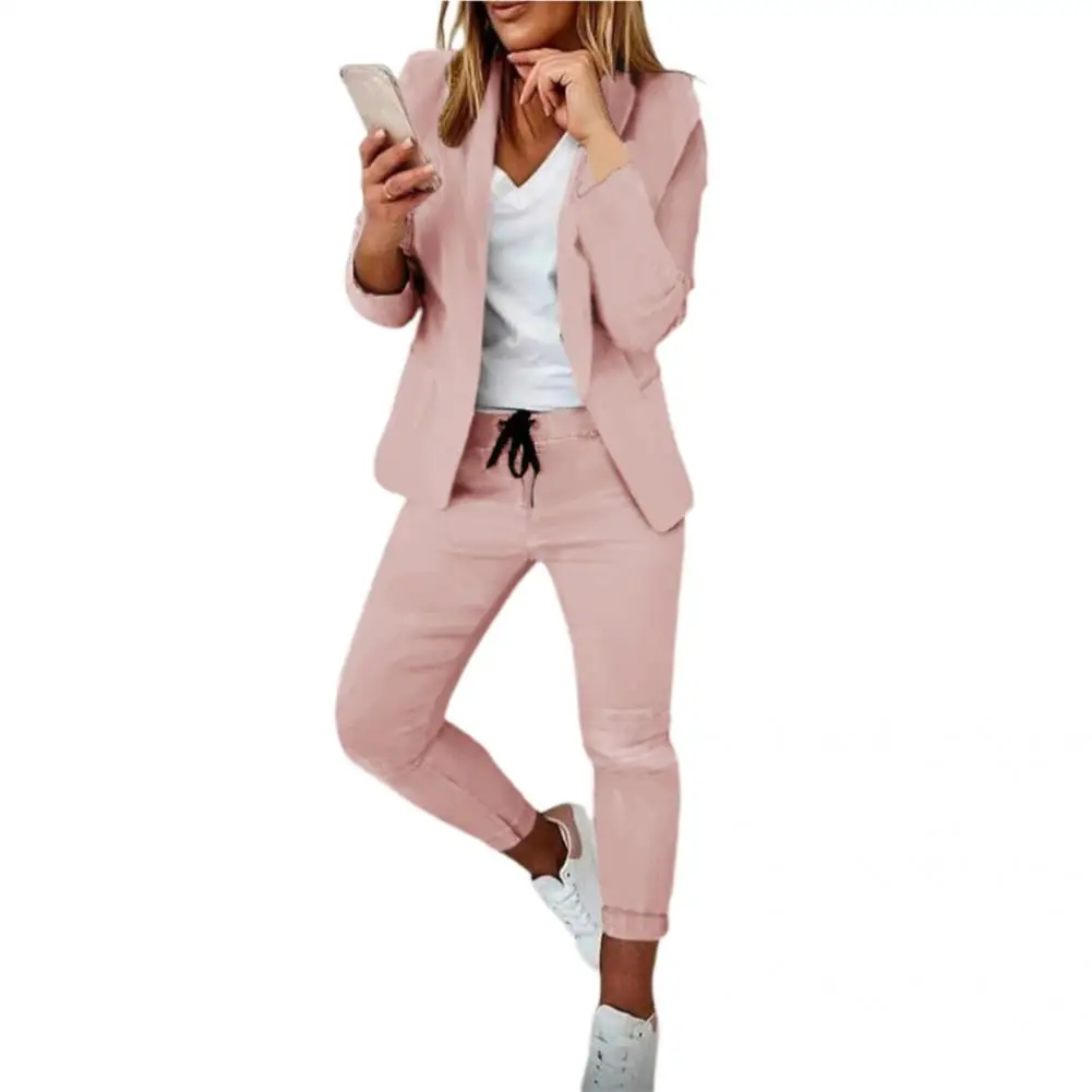 

1 Set Attractive Blazer Trousers Autumn Winter Formal Suit Set Turndown Collar Open Stitch Slim Blazer Trousers Drawstring