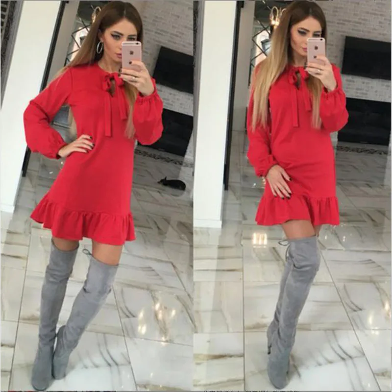 

2023 Spring Autumn Fashion O Neck Bandage Women's Dress Casual Loose Solid Bodycon Ruffle Patchwork Long Sleeve Lady Mini Dress