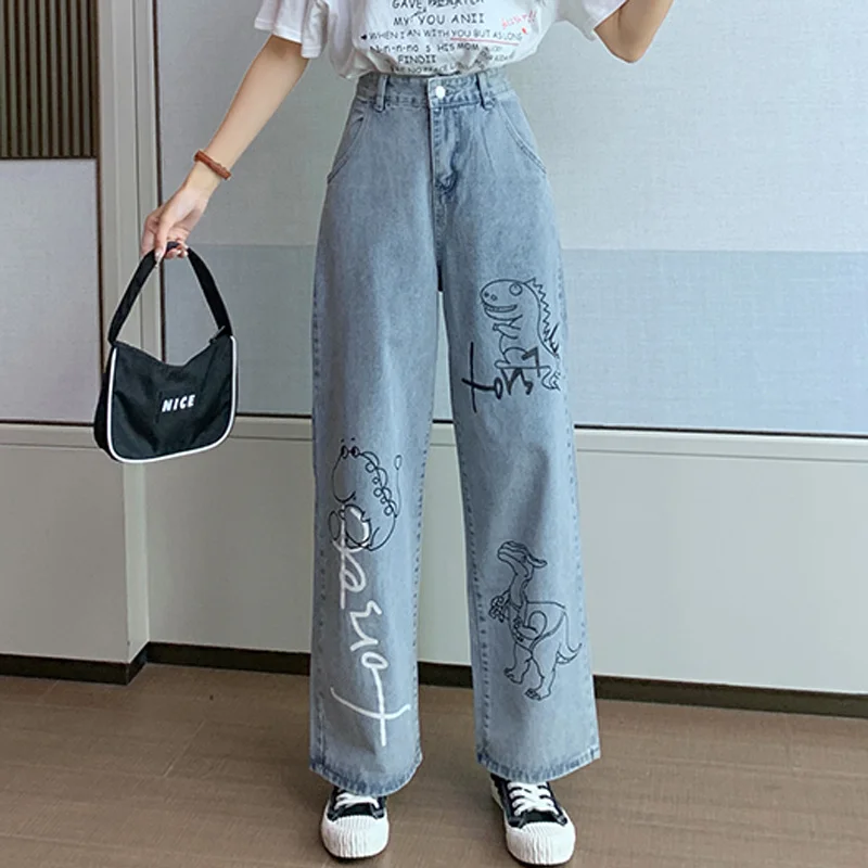 

Джинсы женские свободного покроя, дизайнерские штаны из денима с мультяшным принтом, синие модные брюки с завышенной талией в Корейском стиле, на осень