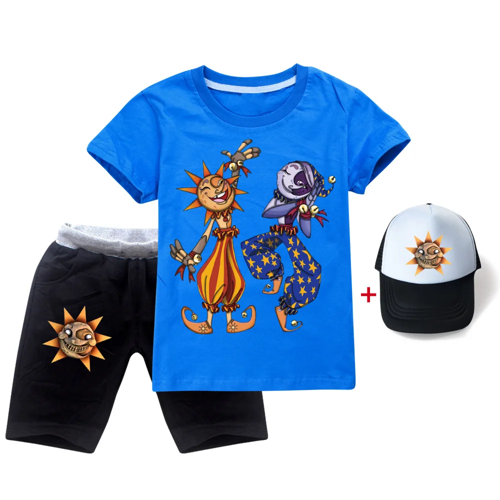 

New Summer Casual Baby Kids Sport Clothing Sundrop FNAF Sun clown Clothes Sets for Boys Costumes Cotton Children Clothes+Sun hat