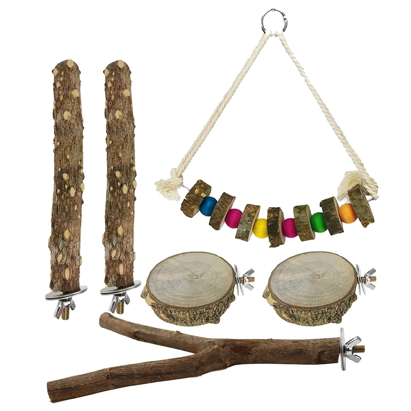 

H051 Natural Wooden Parrot Toys Set 6 Pieces Bird Standing Toys Kit Includes Sticks Stump Swing Budgies Macaws Plaything Set