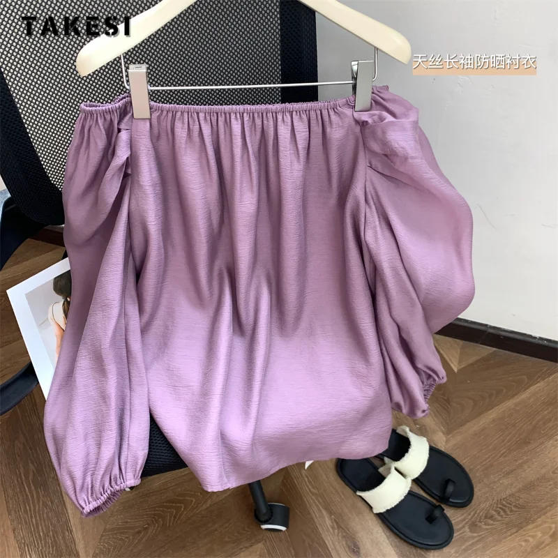 

2023 Summer Fairy Style Slash Neck Puff Sleeve Solid T-shirts For Women Fashion Vintage Sexy Chiffon Slim Fit Tees Crop Top