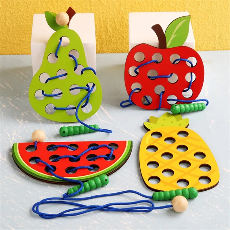 

Children Wooden Worm Eat Fruit Apple Pear Maze Game Threading Rope Early Learning Teaching Aids Math Toy Kids Wood Puzzle Toys