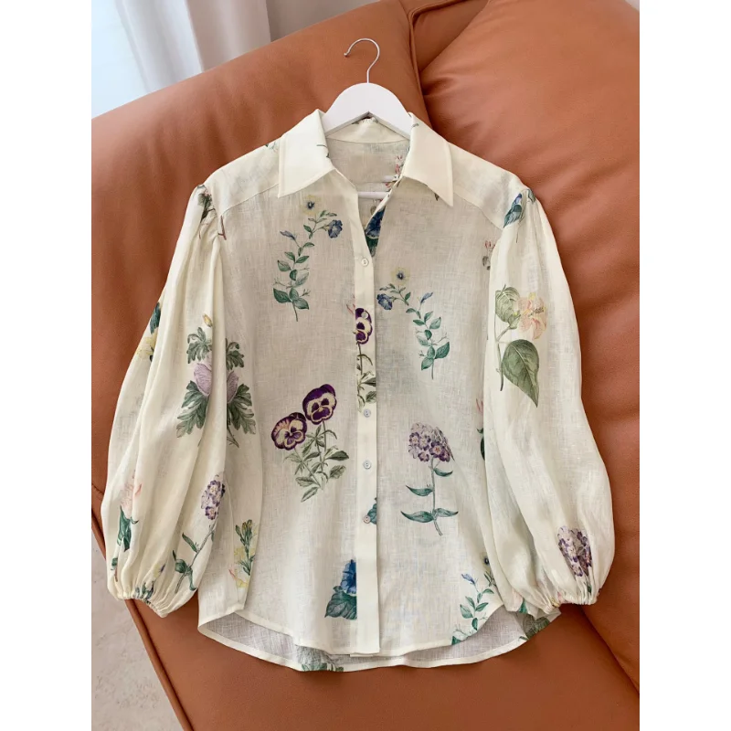 Women Flower Pattern Loose Versatile Linen Shirt or Shorts Set Womens Clothing