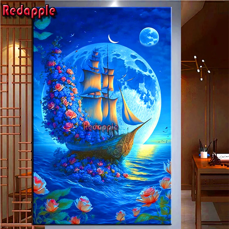 

Dream Flower Boat landscape 5D DIY Diamond Painting Kits Moon rose ship Scenery Full Rhinestone Diamond Mosaic Embroidery decor