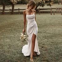 stylish handcraft wedding dress backless spaghetti straps bridal gowns sheath satin split brides dresses vestido de novia