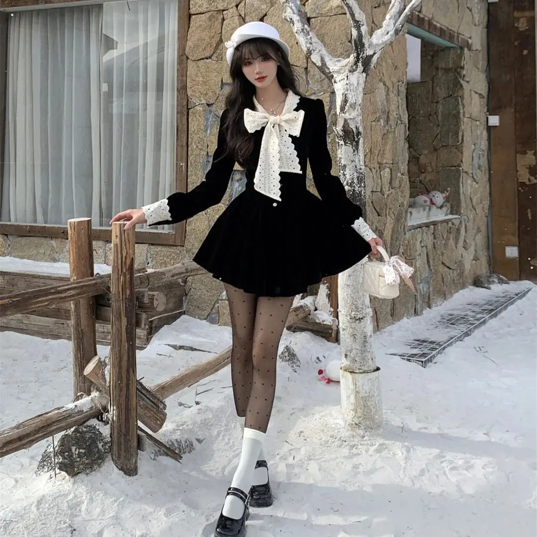 Корейское ретро французское черное бархатное платье Xiaoxiang осенне-зимнее новое