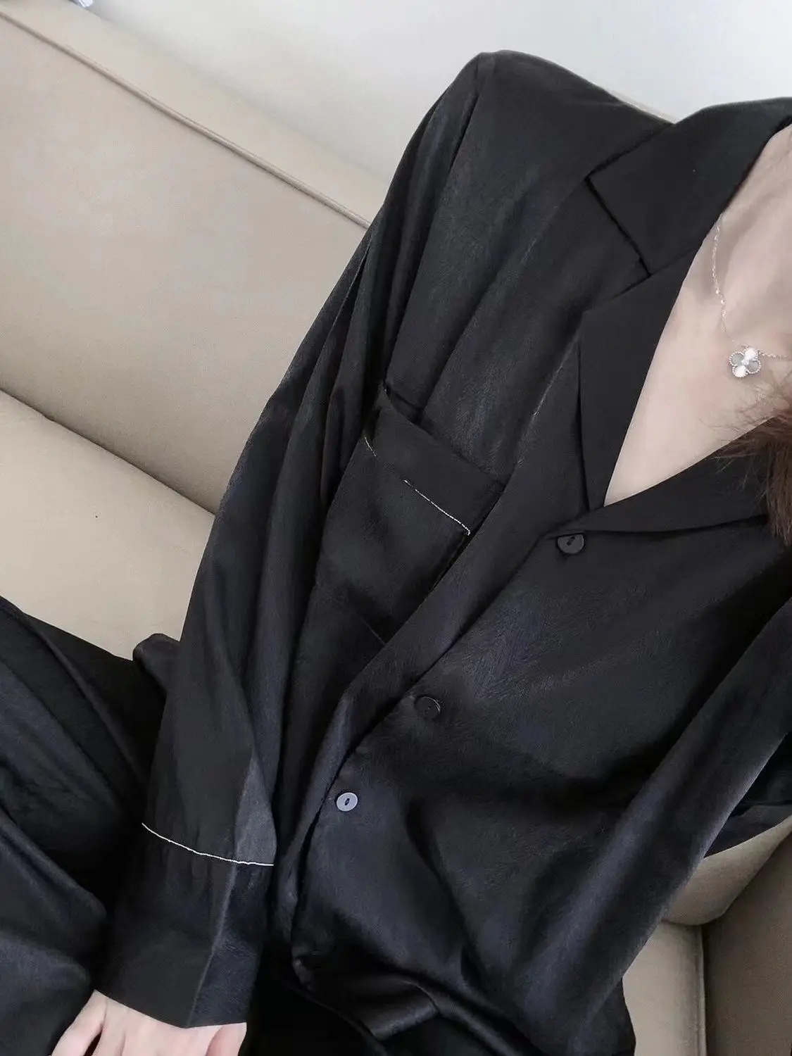 1 Ice Silk Pajamas Women Spring and Autumn Long Sleeve Thin Relaxed Simple Homewear Women Silk Outwear Set Summer