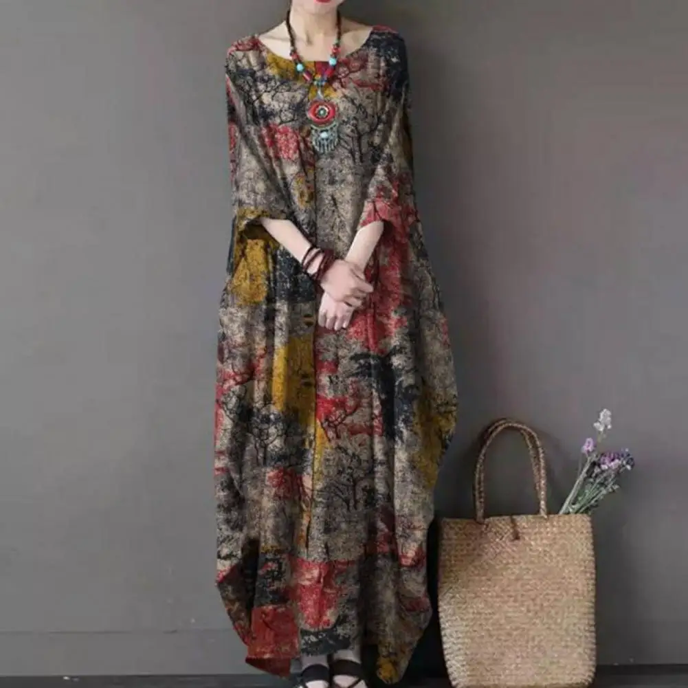 

Women Loose Hem Dress Vintage-inspired Women's O-neck 3/4 Sleeve Maxi Dress Retro Print Loose Fit Ankle Length Streetwear for A