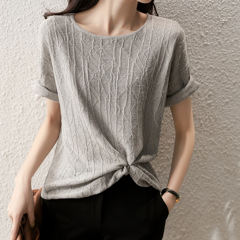 

Белая вязаная футболка, женская летняя Однотонная футболка, тонкий топ с круглым вырезом, Женская Повседневная Универсальная футболка с ко...