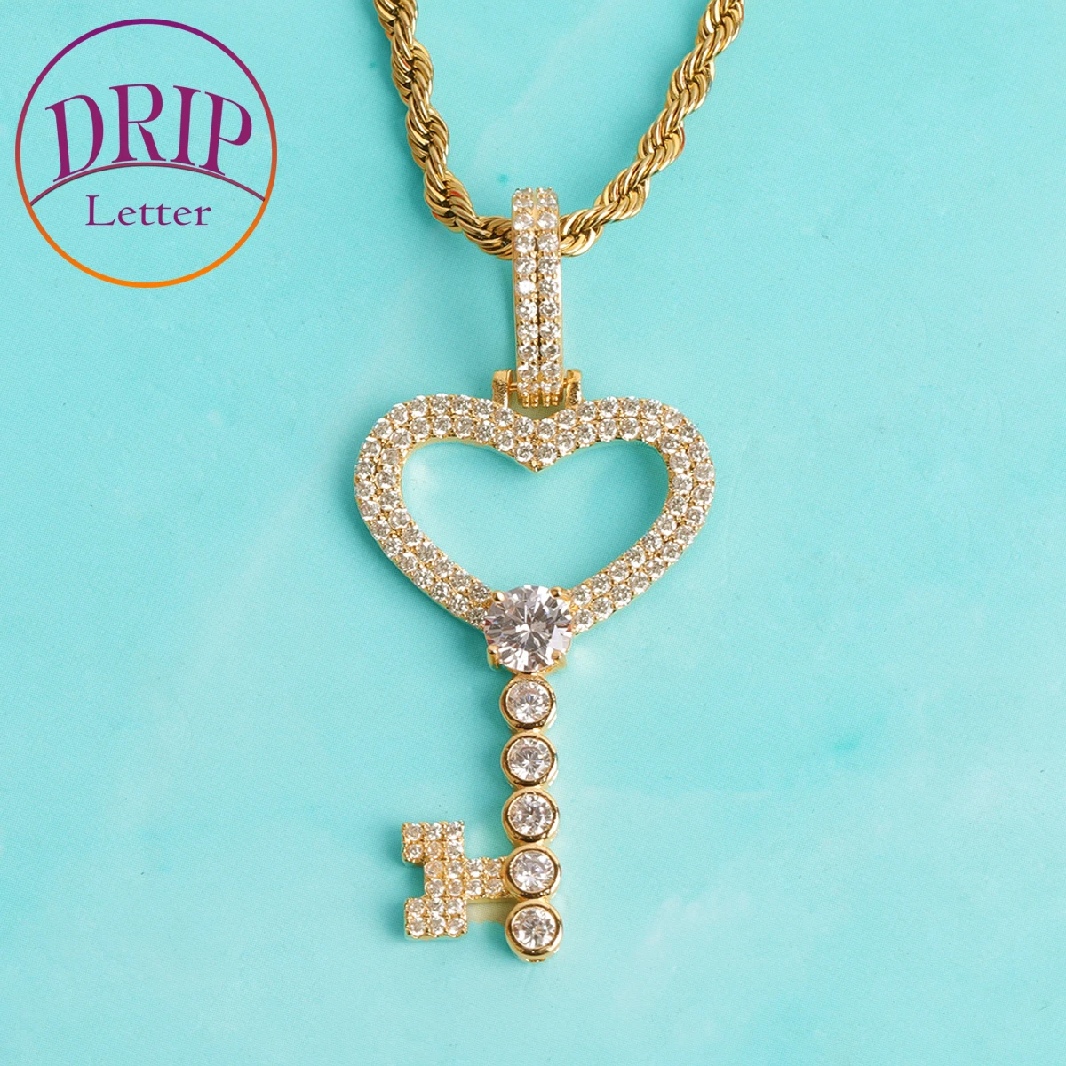 

Цепочка с подвеской в виде ключа с надписью капельного цвета для женщин, сверкающая бижутерия в стиле хип-хоп с настоящим золотым покрытием