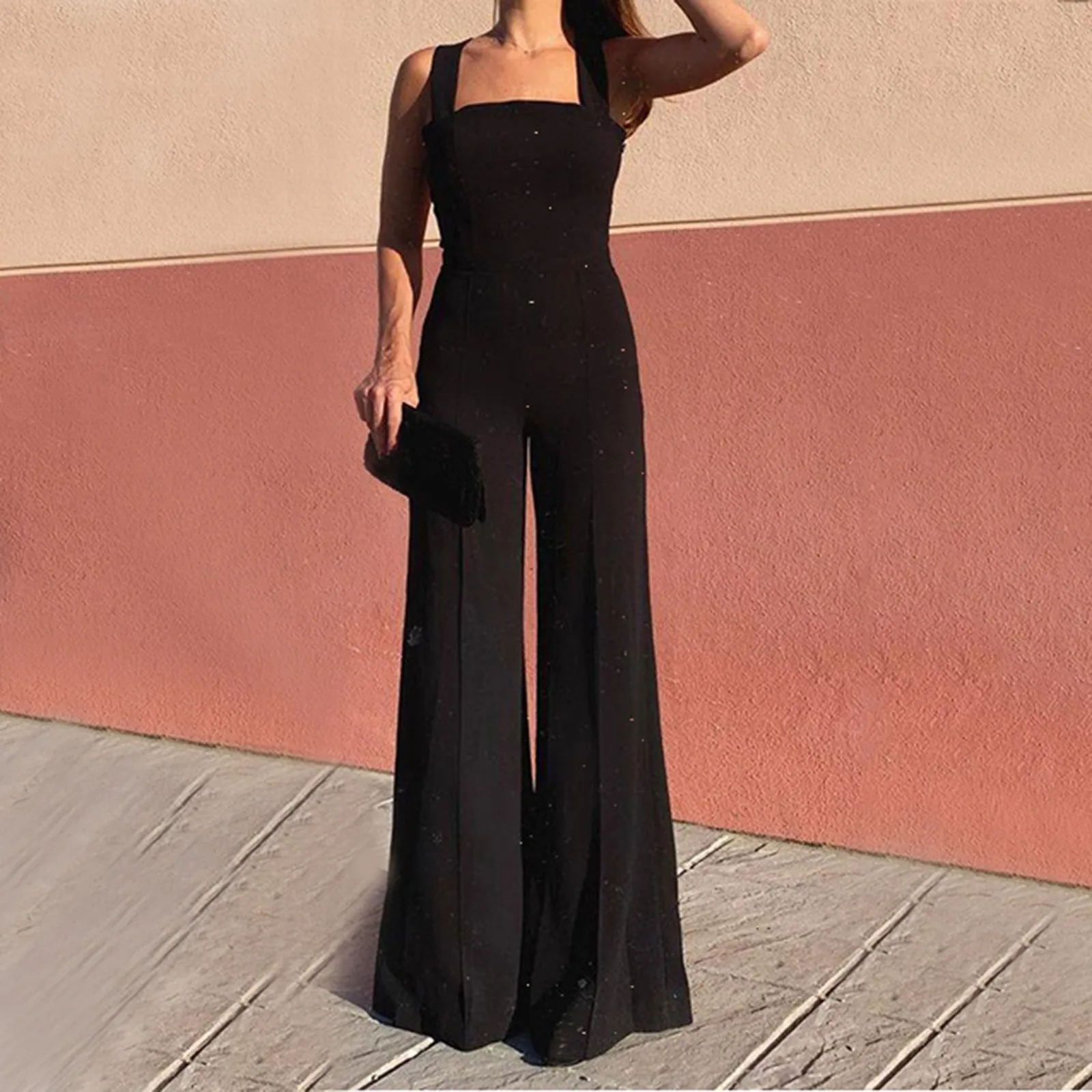 

Женский элегантный повседневный комбинезон с широкими штанинами и прямыми штанинами средней посадки, женский сексуальный комбинезон с выр...