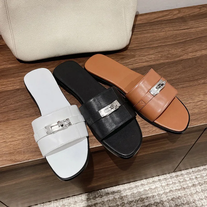 

Metal Decoration Slippers Flat Heeled Sandals Cozy Chaussures Femme Square Toe Sandalias Slip On Women Shoes Luxury Design Pumps