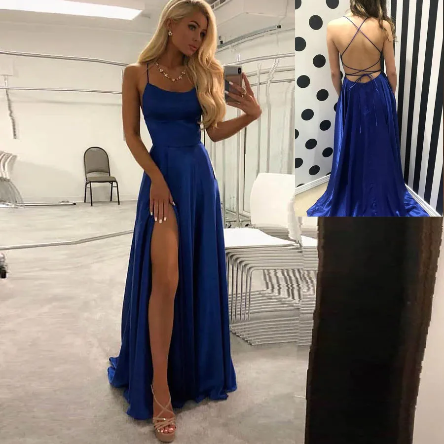 

Simple Blue Prom Dresses Criss Cross Straps Sexy Formal Occasion Evening Party Gowns Thigh Slit Wedding Guest Bridesmaid