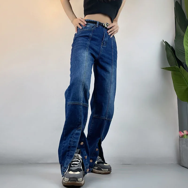 

2023 Fashion Women Loose High Waist Jeans Lady Vintage Y2K Punk Hip Hop Denim Pants Dark Blue treetwear Cargo Split Trousers