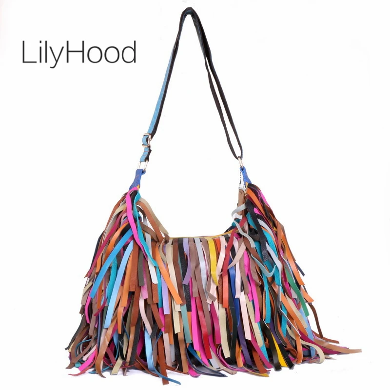 

Oversized Female Fashion Genuine Leather Fringed Soft Slouchy Shoulder Bag Tribal Hippie Gypsy Ibiza Boho Chic Stylish Hobo Bag