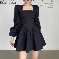koamissa black fashion women mini short dress long sleeves square collar chi korean dresses female a line fold vestidos 2022