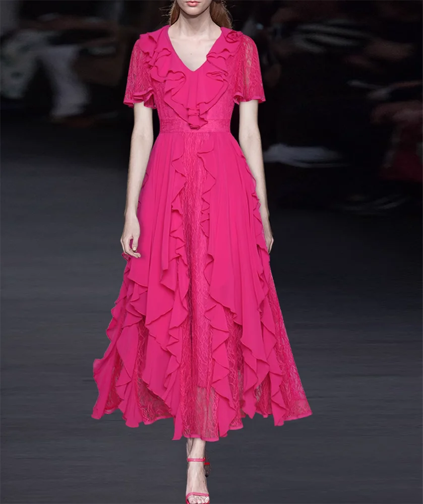 

2023 Summer's New V-Neck Short-Sleeved Dress With Ruffled Trim And A Flowing Waist