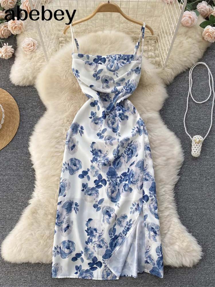 

Floral Retro midi dress sleeveless backless Spaghetti Straps beach long dress Vintage bohemian Blue rose floral dress women