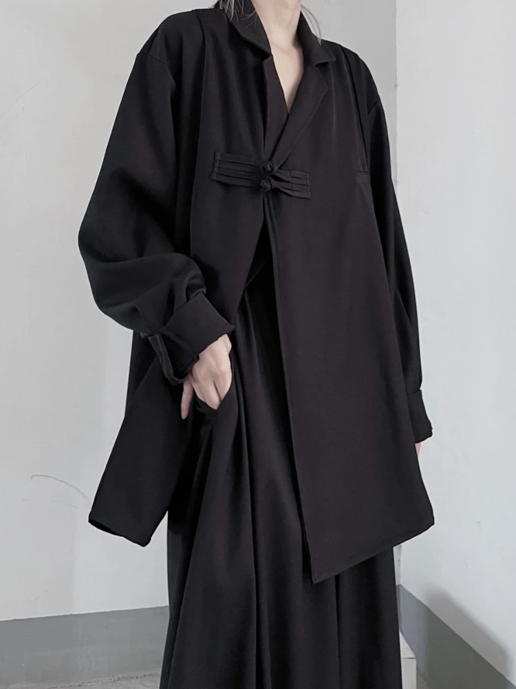 

HOUZHOU Vintage Harajuku Women Black Blouse Asymmetrical Chinese Style Dark Academia Oversize Long Sleeve Shirts Chic Fashion
