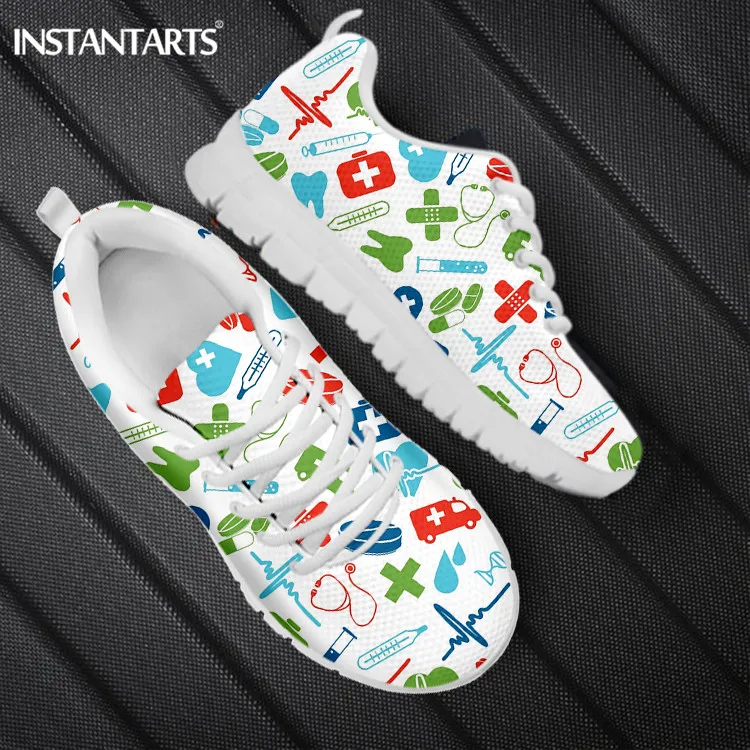 

INSTANTARTS Cute Caroon Tooth Dentist Nurse Shoes Women Running Sneakers Female Casual Flat Shoe Lace up Light Women's Footwear