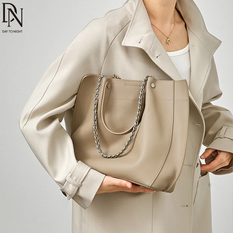 DN Chain Tote Bags Cowhide Leather Women Shoulder Bags with Double Top Handle Large Capacity Handbag Fashion Female Purse