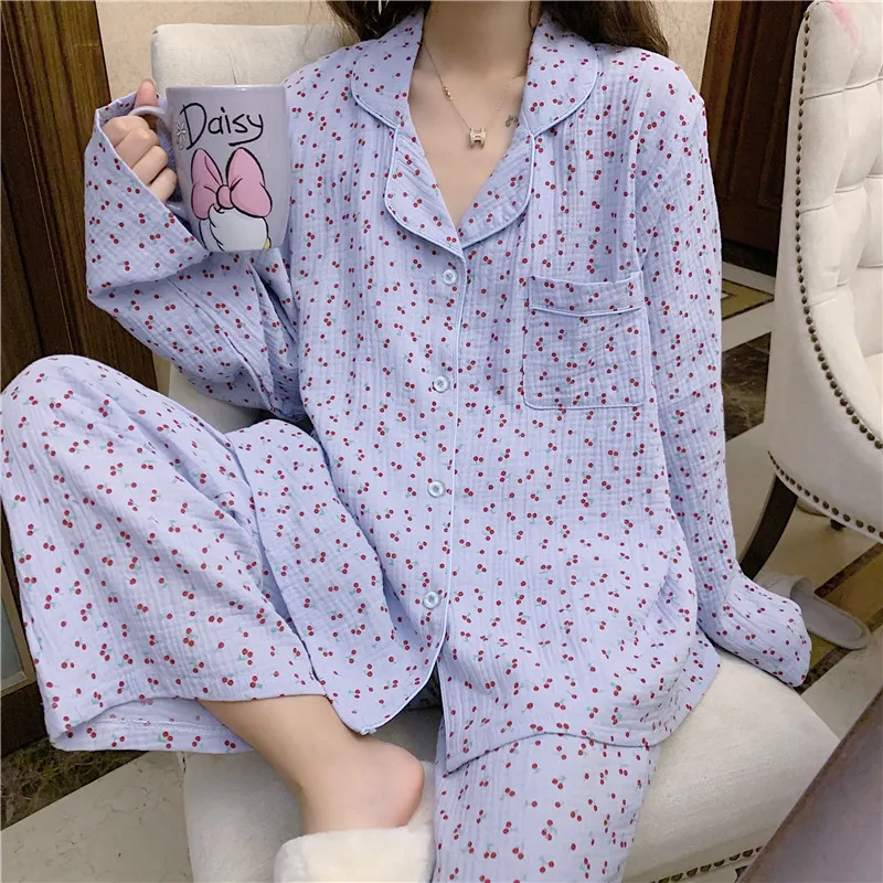 Cotton Hemp Gauze Women Pajamas Set Spring Autumn Long Sleeve Sleep Top Nightgown Korean Version Fashion Loose Home Wear New