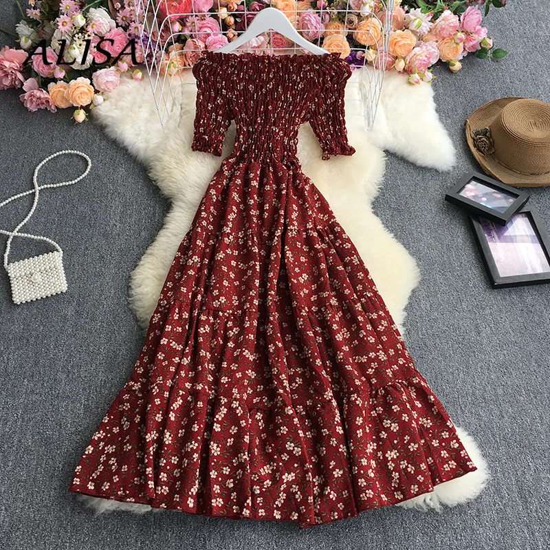 

Женское платье с открытыми плечами, длинное пляжное ТРАПЕЦИЕВИДНОЕ ПЛАТЬЕ с цветочным принтом, с завышенной талией, в стиле бохо, на лето