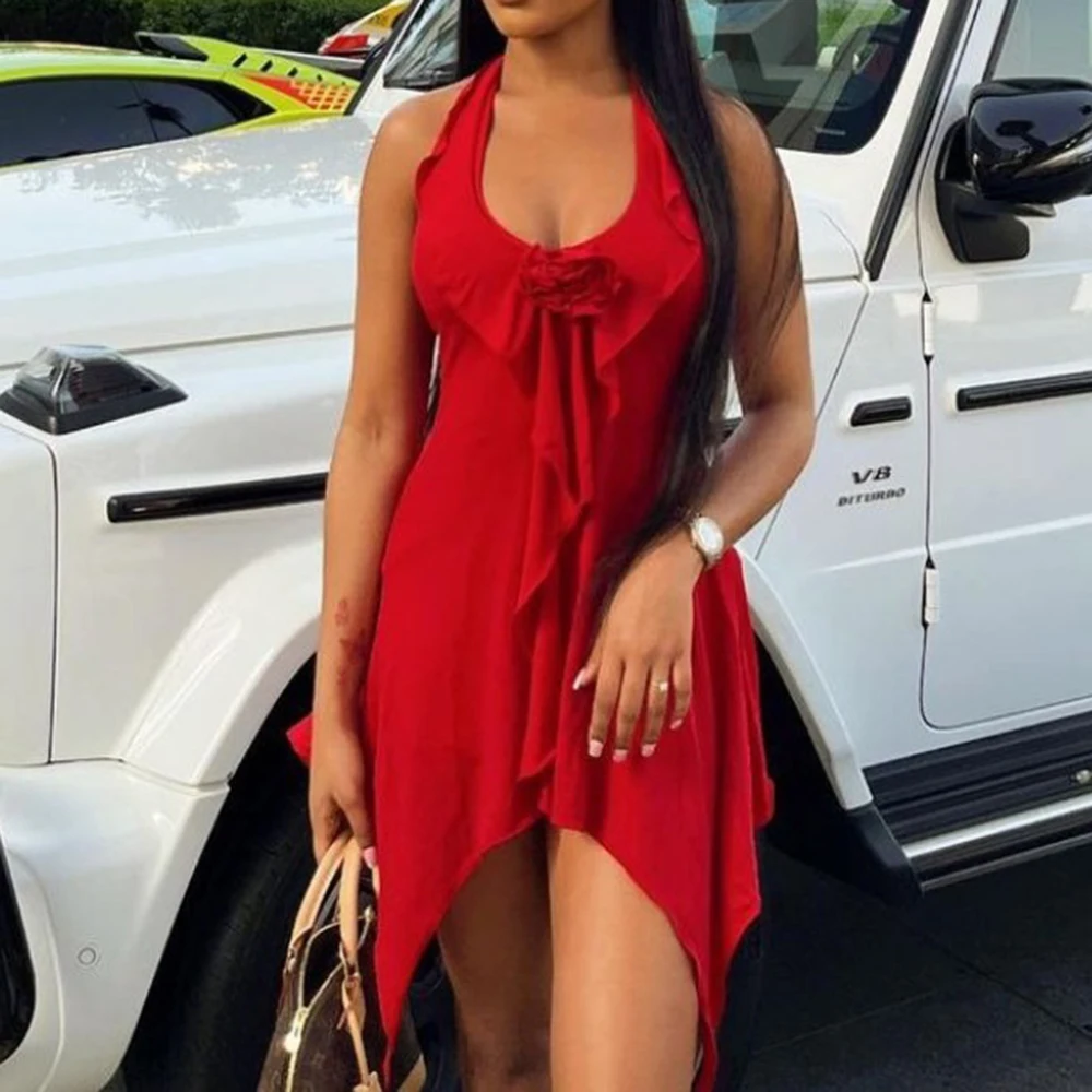 

Women Summer Dress Sexy Halter Deep V Neck Floral Red Skirt Sleeveless Mini Bodycon Ruffles Short Dress Casual Party Clubwear