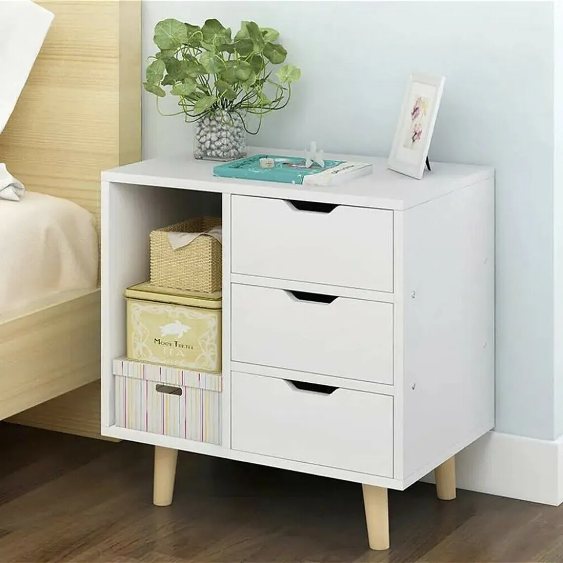 

End Table 3 Tier Drawer Living Room Bedroom Sofa Side Table Easy Pull Fabric Nightstands Bedside Furniture Steel Frame