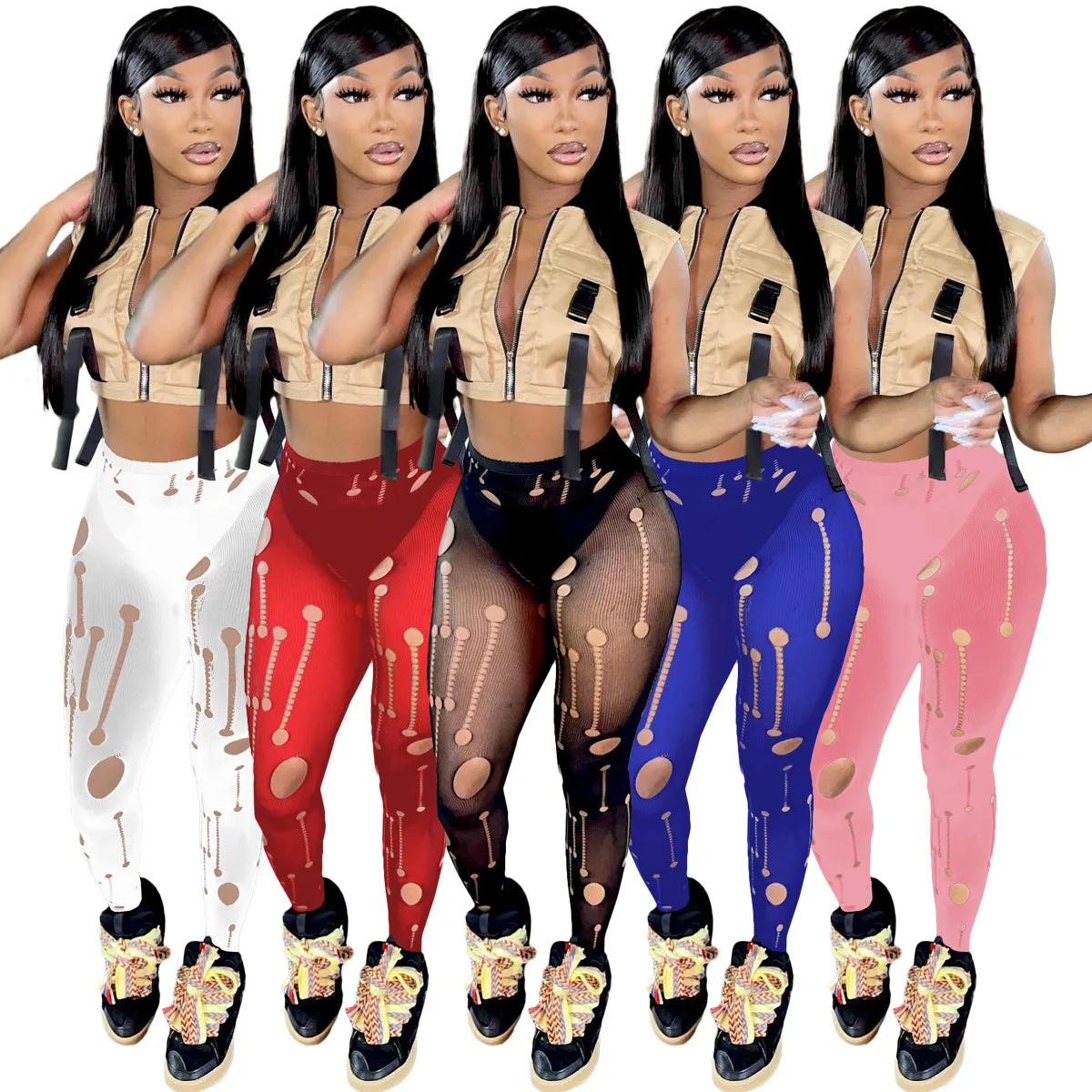 

Сексуальные сетчатые облегающие длинные брюки, внутренняя одежда, колготки 2023, летняя женская одежда с вырезами, облегающие спортивные брюки для ночного клуба, уличная одежда