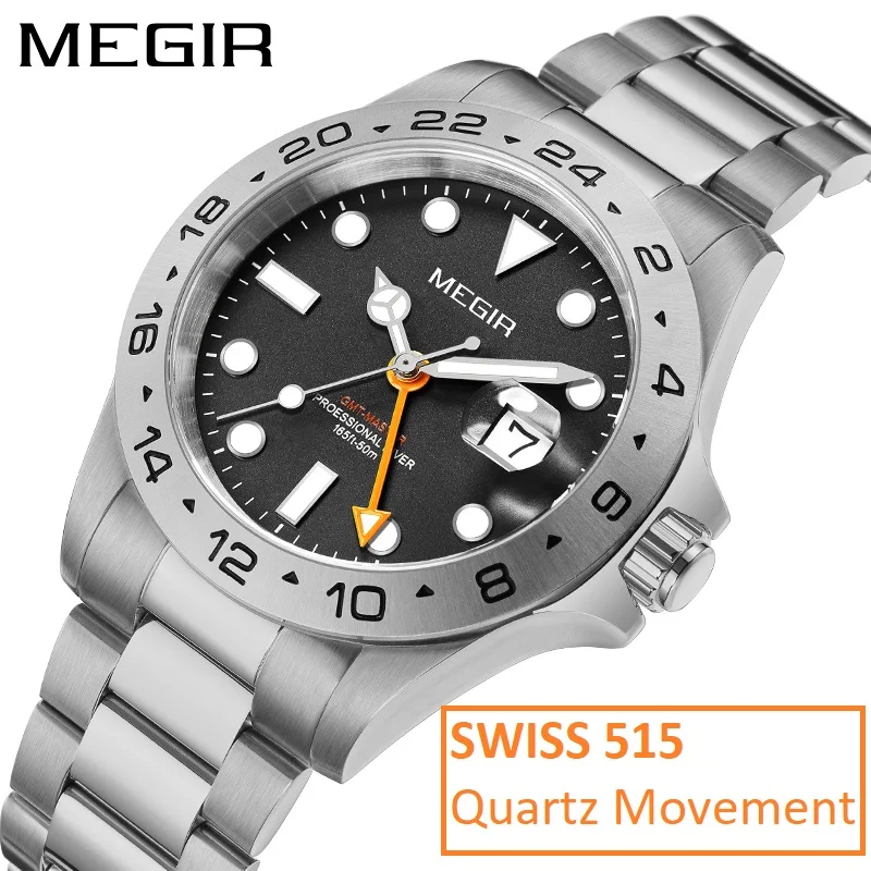 Мужские повседневные швейцарские кварцевые наручные часы MEGIR 515 из нержавеющей