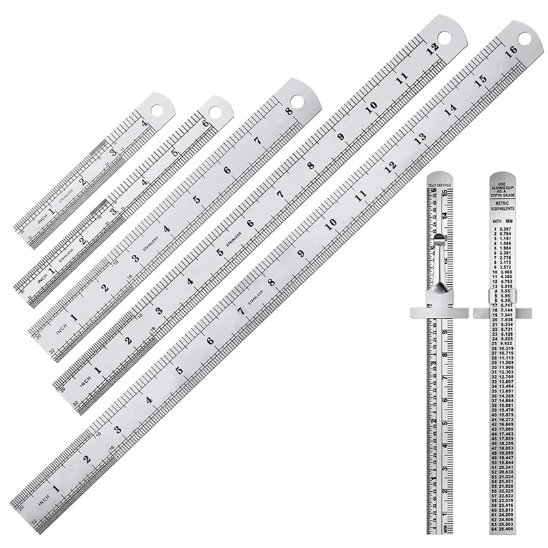 

7Pc Precision Stainless Steel Ruler Set Pocket Ruler Tools Scale Gauge Ruler For Woodwork Engineer Office Home