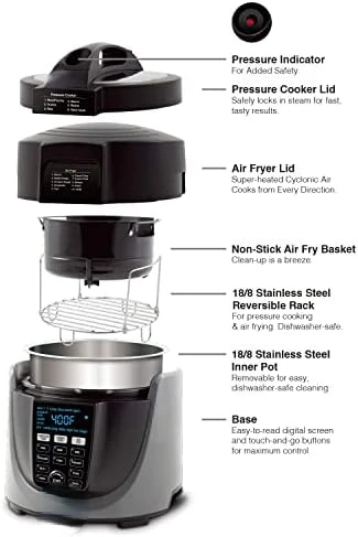 

Pressure Cook and Air Fryer Combo Cook; Stainless Steel Pot & Rack; Non-Stick Air Fryer Basket; Steam, Sear, Saute, Slow Coo Air