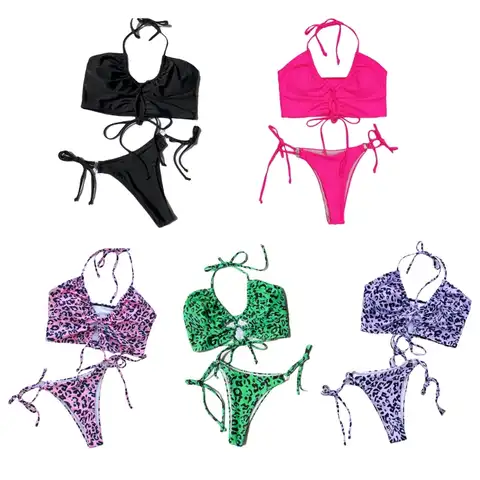 Woman Triangle-Bikini Set O-ring Side String Bikini Set Two Piece Swimsuit Bathing Suit Halter-Bra Top with Thong Bottom