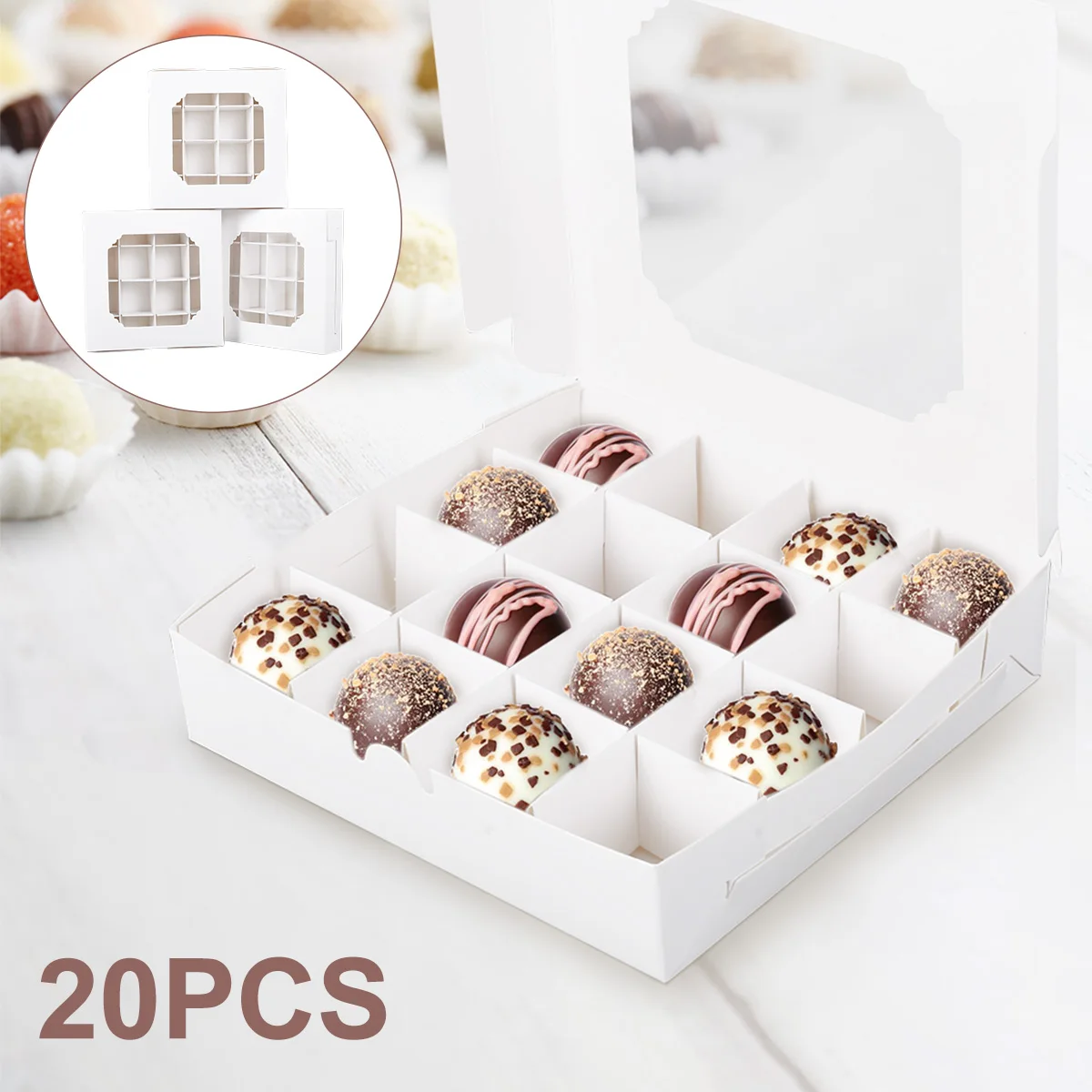 

20pcs Sweet Boxes 16-Compartments White Sweet Assortment Boxes with Inserts Clear Window Divider for Chocolate Candy