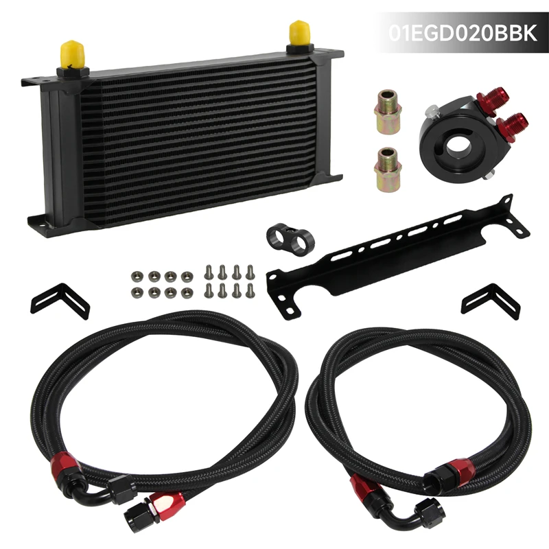

19 Row AN8 Engine Oil Cooler + Filter Sandwich Adapter Kit w/Bracket Black/Blue